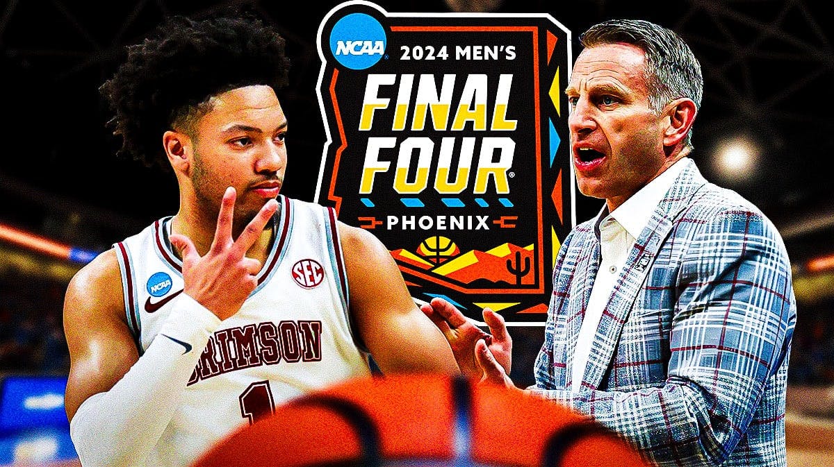 Alabama basketball, UConn basketball, Final Four, March Madness, Alabama UConn, Nate Oats and Mark Sears with 2024 men's final four logo in the background