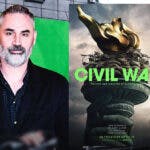 Alex Garland next to A24 movie Civil War poster and movie set background.