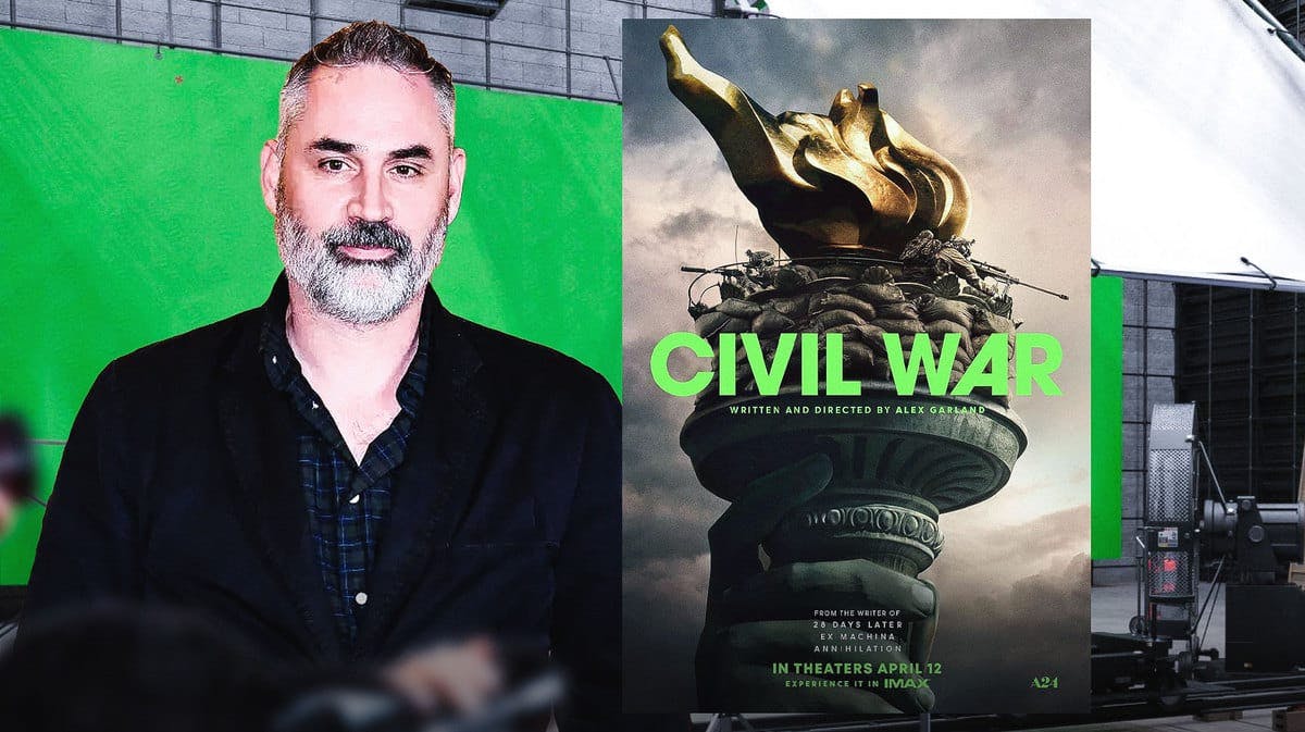 Alex Garland next to A24 movie Civil War poster and movie set background.