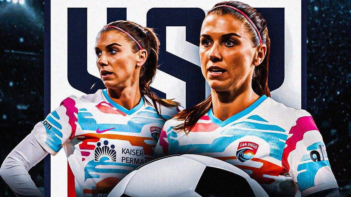 Multiple images of Alex Morgan in front of the USWNT logo