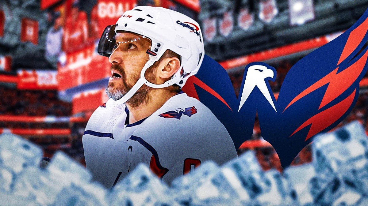 Alex Ovechkin in middle of image looking stern, Washington Capitals logo, hockey rink in background