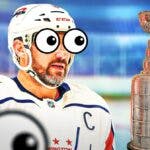 Alex Ovechkin with big emoji eyes looking at the Stanley Cup