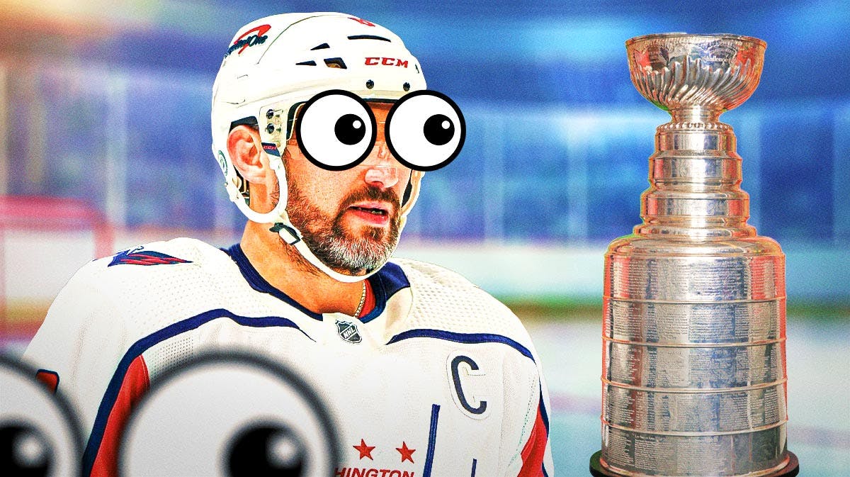 Alex Ovechkin with big emoji eyes looking at the Stanley Cup