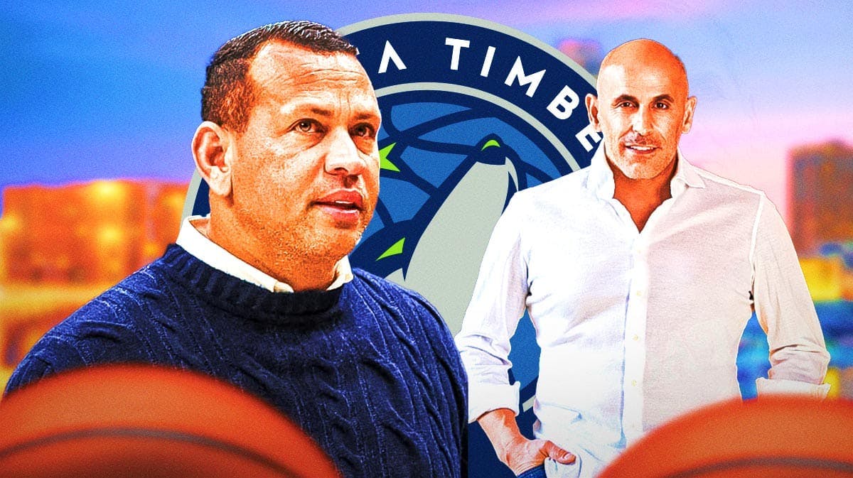 Alex Rodriguez on the left, Marc Lore on the right. Minnesota Timberwolves logo in the background.
