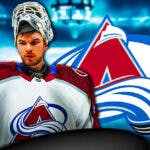 Alex Georgiev in image looking stern, Colorado Avalanche logo, hockey rink in background