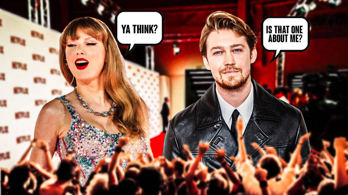 Taylor Swift and Joe Alwyn. Alwyn has a speech bubble, "Is that one about me?" and Swift has speech bubble "Ya think?"