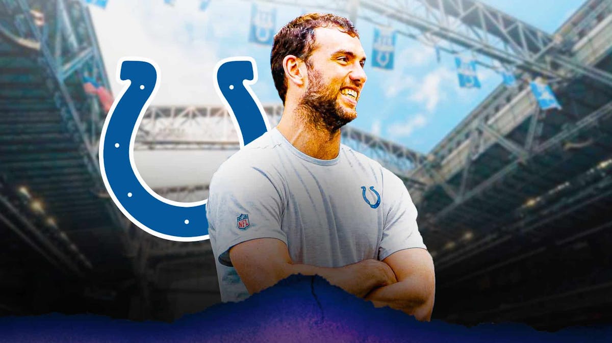 Andrew Luck smiling. Colts logo in the background.