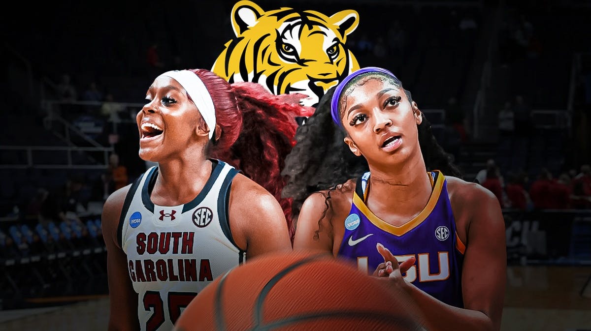LSU women's basketball star Angel Reese stands next to South Carolina's Raven Johnson, fans FaceTime in background