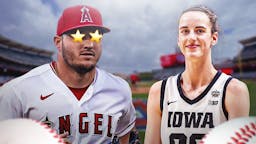 Mike Trout on one side with stars in his eyes, Caitlin Clark on the other side