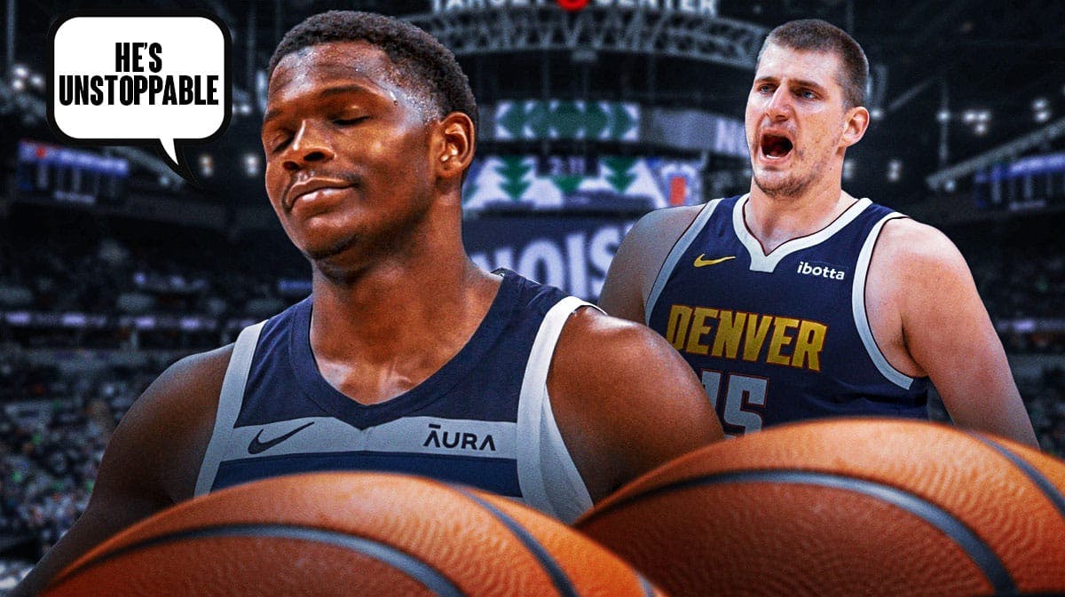 Timberwolves Anthony Edwards saying “He’s unstoppable” with Nuggets Nikola Jokic standing off to the side. Ball Arena background.