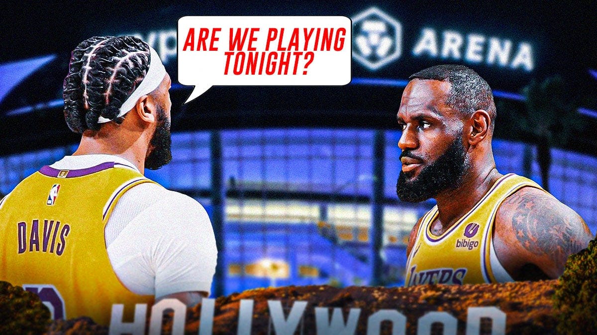 Lakers' LeBron James, Lakers' Anthony Davis standing together at the Crypto. com Arena. Have Davis asking the following question: Are we playing tonight?