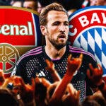 Harry Kane in front of the Arsenal and Bayern Munich logos, angry fans in the background