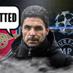 Mikel Arteta saying: 'Gutted' in front of the Arsenal and Champions League logos