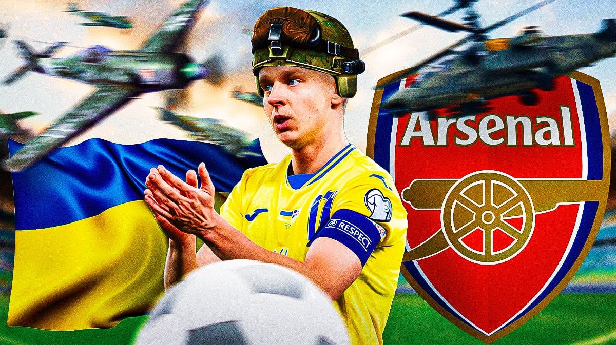 Oleksandr Zinchenko wearing a military helmet in front of the Ukranian flag and the Arsenal logo, military aircrafts in the air