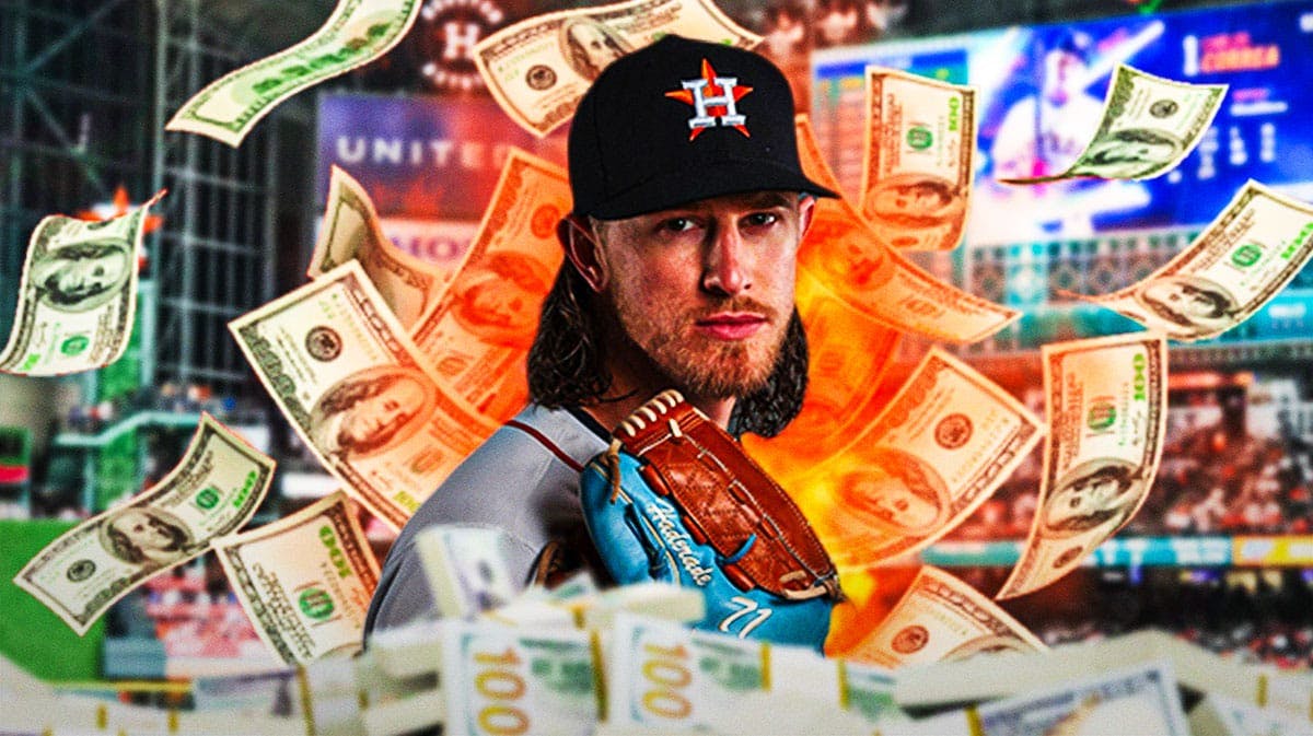 Astros' Josh Hader looking worried, with burning dollar bills and question marks all over him