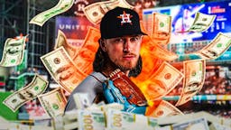 Astros' Josh Hader looking worried, with burning dollar bills and question marks all over him