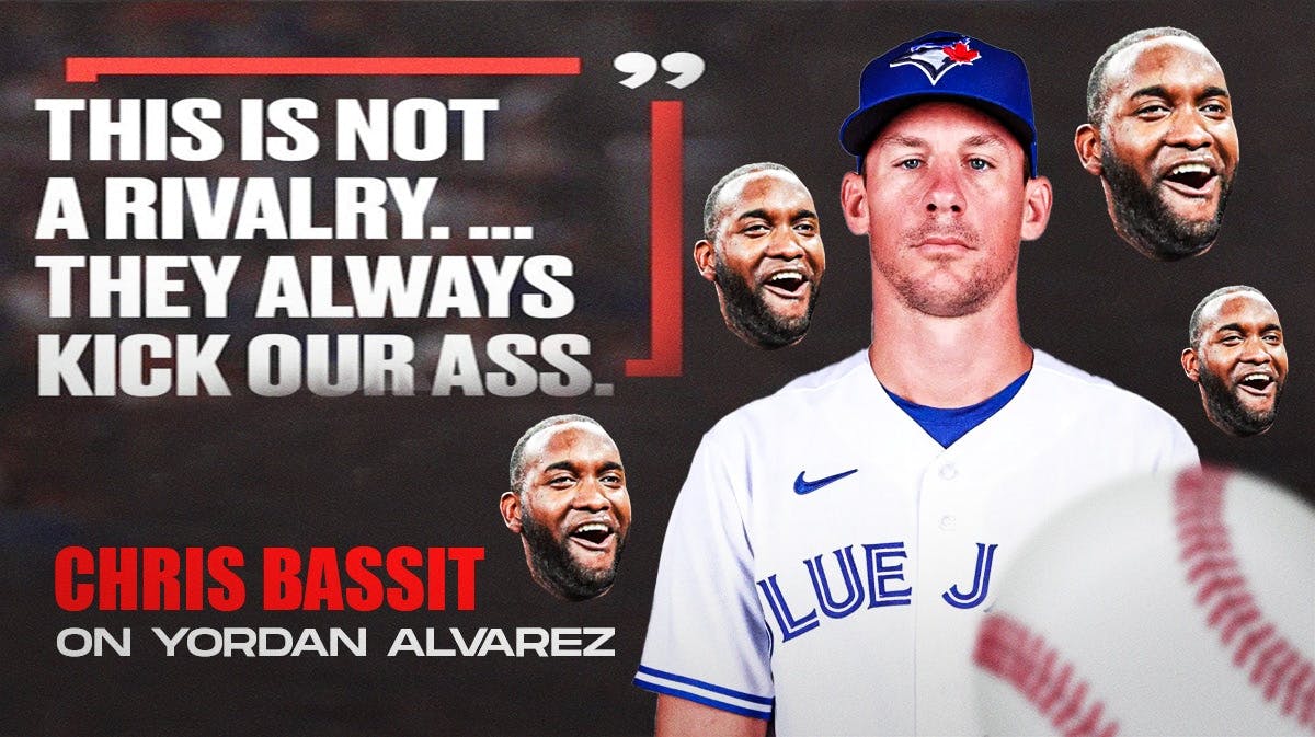 Blue Jays' Chris Bassitt on the Joel Embiid this is not a rivalry meme, with multiple cutouts of Astros' Yordan Alvarez's head smiling around Bassitt