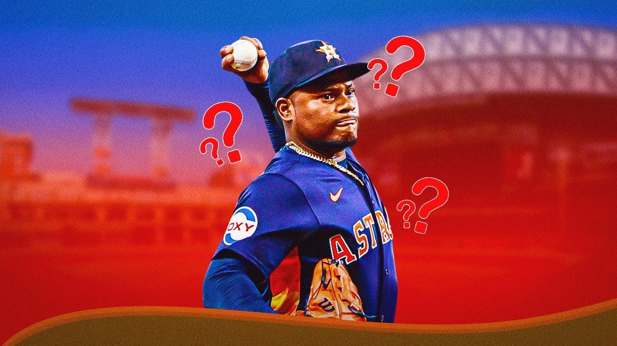 Astros' Framer Valdez pitching a baseball with question marks everywhere.