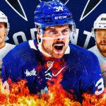 Auston Matthews in image looking happy with fire around him, Brad Marchand and David Pastrnak on either side looking stern, hockey rink in background, TOR Maple Leafs logo