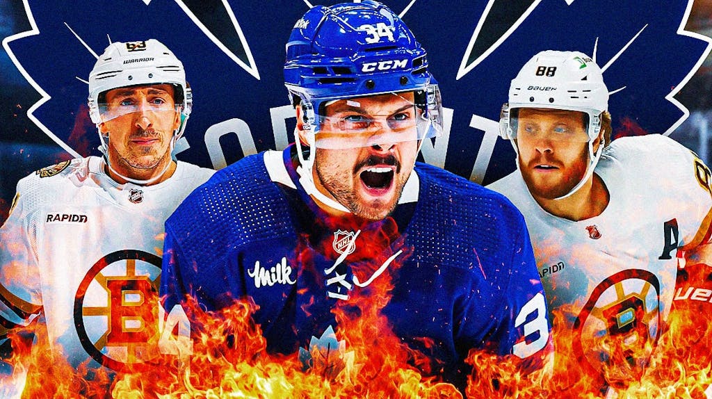 Auston Matthews in image looking happy with fire around him, Brad Marchand and David Pastrnak on either side looking stern, hockey rink in background, TOR Maple Leafs logo