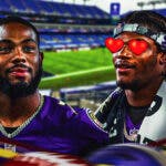 Rashod Bateman on one side with a speech bubble that says "I'm staying!", Lamar Jackson on the other side with hearts in his eyes