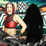 Bayley next to the blacked-out silhouette of Trish Stratus with the WrestleMania 40 logo as the background.