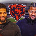 Caleb Williams next to Rome Odunze, both of them smiling. Chicago Bears logo behind them