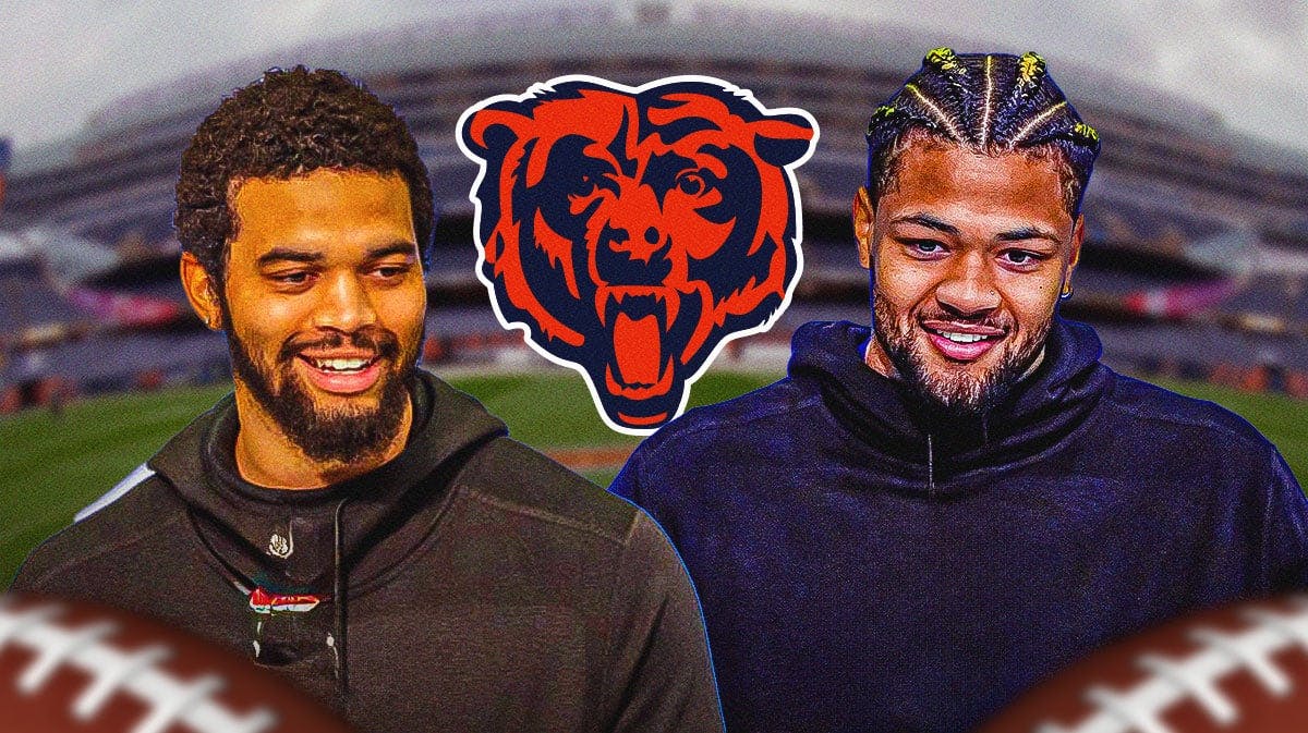 Caleb Williams next to Rome Odunze, both of them smiling. Chicago Bears logo behind them