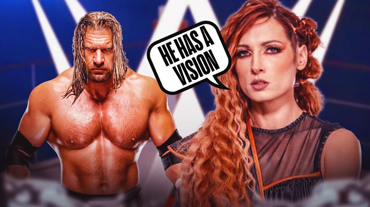 Becky Lynch with a text bubble reading "He has a vision" next to Triple H with the WWE logo as the background.