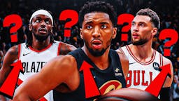 Donovan Mitchell, Zach LaVine, Jerami Grant all together with question marks all around the graphic and arrows pointing every which way around the graphic.