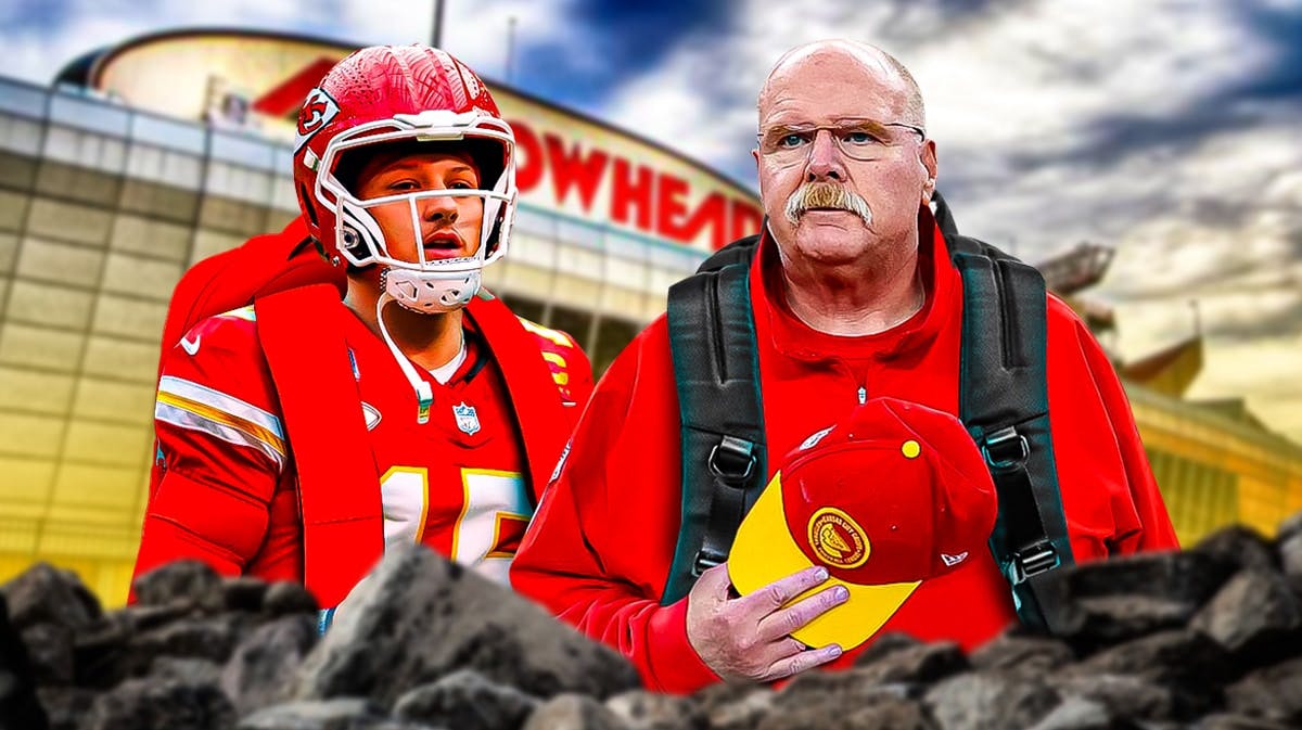 Chiefs Patrick Mahomes, Andy Reid with backpacks, with Arrowhead Stadium in background