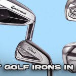 Product display of the best golf irons on a sky blue colored background.