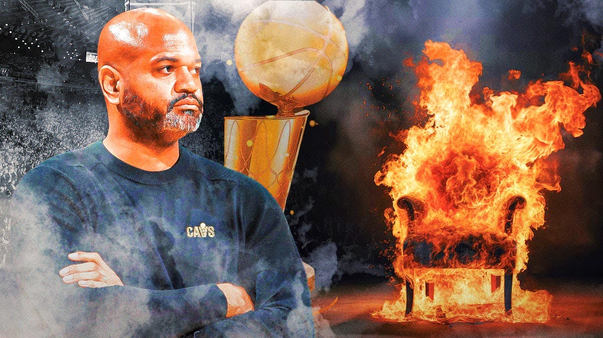 Cavs coach JB Bickerstaff next to a chair on fire and NBA playoffs background