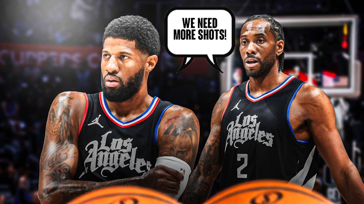 Kawhi Leonard and Paul George with a speech bubble that says "We need more shots!"