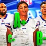 2024 NFL Draft picks Keon Coleman, Ray Davis, and Cole Bishop in Bills uniforms with grades (A+, B-, C+, D) scattered around them
