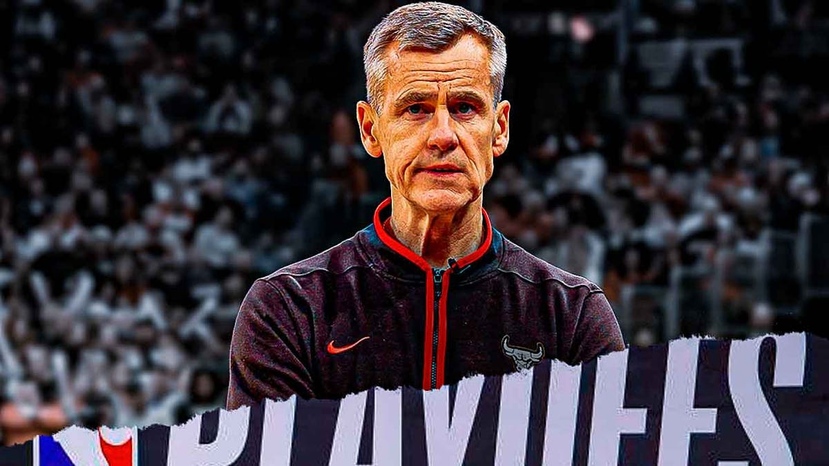 Bulls, Hawks, Billy Donovan, Bulls Hawks, play-in tournament, Billy Donovan with NBA playoffs logo and Bulls arena in the background