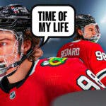 Photo: Connor Bedard in action in Blackhawks jersey saying "Time of my life"