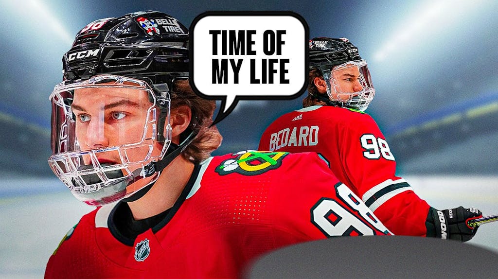 Photo: Connor Bedard in action in Blackhawks jersey saying "Time of my life"