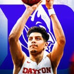 Koby Brea in Dayton basketball jersey, Duke basketball logo