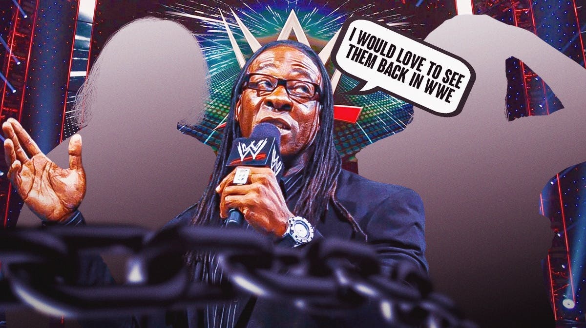 Booker T with a text bubble reading "I would love to see them back in WWE" with the blacked-out silhouette of Matt Hardy on his left, and the blacked-out silhouette of Jeff Hardy on his right, and the WWE logo as the background.