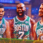 image idea: Jayson Tatum, Jaylen Brown, and Kristaps Porzingis all looking hyped in celtics jerseys with flames around them