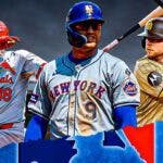Mets Brandon Nimmo with Jake Cronenworth, Jordan Walker and MLB logo/