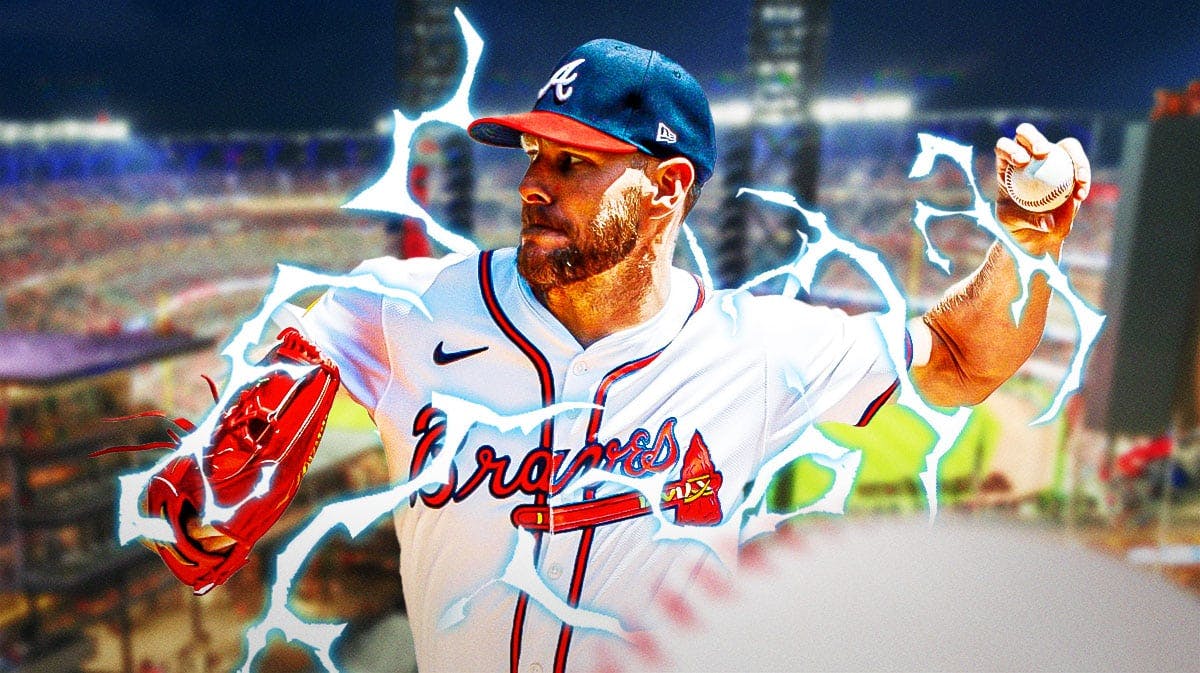 Braves pitcher Chris Sale with waves of electricity around him, Truist Park in back