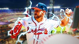 Braves pitcher Chris Sale with waves of electricity around him, Truist Park in back