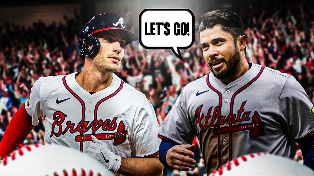 Matt Olson on one side, Travis d'Arnaud on the other side with a speech bubble that says "Let's go!"