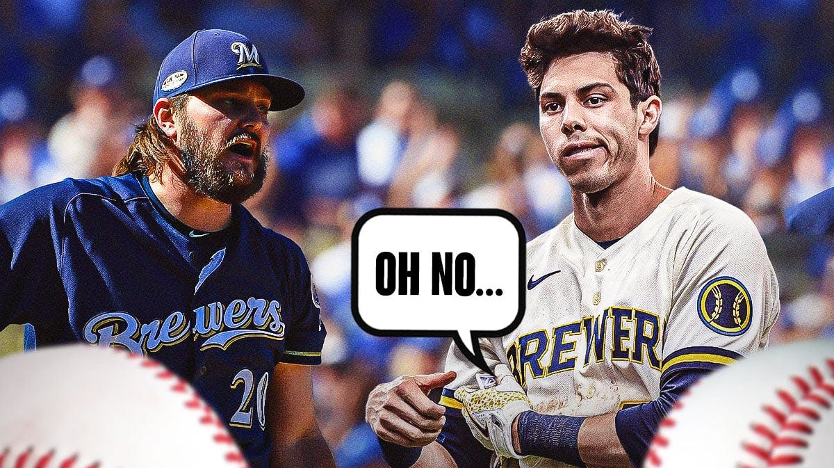 On right, Brewers' Christian Yelich saying the following: Oh no... On left, Brewers' Wade Miley.