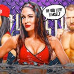Brie Bella with a text bubble reading "He did hurt himself" with Nikki Bella on her left and Bryan Danielson on her right with the AEW Dynasty logo as the background.
