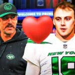 Brock Bowers in a Jets uniform next to Aaron Rodgers (Jets) with a heart emoji between them and an NFL Draft background.