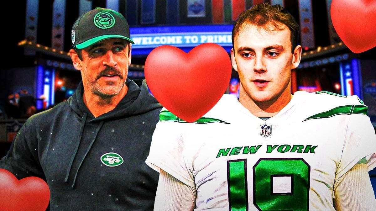 Brock Bowers in a Jets uniform next to Aaron Rodgers (Jets) with a heart emoji between them and an NFL Draft background.