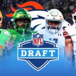 Bo Nix, Troy Franklin, Audric Estime, Jonah Ellis all together. NFL Draft logo in front, Broncos logo in the background.